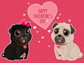 Greeting card for Valentine`s Day with cute pugs in cut out style.