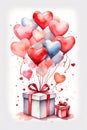 Greeting card for Valentine\'s Day. Gift box, roses and bouquet of heart-shaped balloons. Watercolor. Generative AI Royalty Free Stock Photo