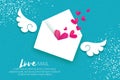 Greeting card for Valentine`s day. Mail Love and envelope in paper cut style.