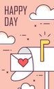 Greeting card for Valentine`s day with mailbox, envelope and clouds. Thin line flat design. Happy Day. Vector