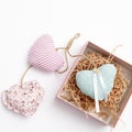 Copy space. Greeting card for Valentine`s Day. Multi-colored hearts sewn from fabric with the buttons Royalty Free Stock Photo