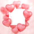 Greeting card for Valentine`s Day. Red balloons of air in the shape of hearts fly around a sheet of paper, on which is located Royalty Free Stock Photo