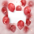Greeting card for Valentine`s day. Red balloons fly around the sheet of paper on which is any of your text. On a pink background.