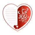 Greeting card for Valentine`s Day. Red heart with the lettering and lines for text.