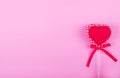 Greeting Card for Valentine`s Day. Red heart on pink background. Copy space. Flat lay Royalty Free Stock Photo