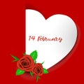 Greeting card of Valentine`s Day with white paper heart shape and red rose. Concept Valentine`s Day.