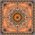 Greeting card or vintage bandana print with stylized sun mandala and ornamental frame on orange background. Ethnic pattern