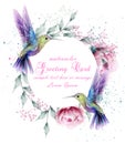 Greeting card with watercolor humming bird frame. Vector