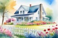 greeting card watercolor illustration of cozy house and garden around it in pleasant neighborhood Royalty Free Stock Photo