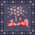 Greeting card, wedding invitation or beautiful square carpet with cute funny chicken and rooster