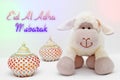 Greeting card on white background. Eid Al Adha sacrifice festival, Islamic Arabic candles and sheep. Eid al adha mubarak means ha