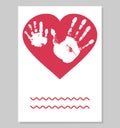 Greeting card. White imprint of baby palm hand and man palm in red heart shape. Handprints of son and father. Vector illustration