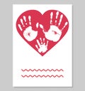 Greeting card. White imprint of baby palm hand and mother palm hand and father palm in red heart shape. Handprints of family.