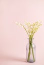 Greeting card with white lily of the valley on pink background for celebration Mothers Day, wedding, March 8. Nature