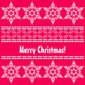 Greeting card. White painted embroidered snowflakes on a colored background. Merry Christmas! Winter holiday.