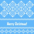 Greeting card. White painted embroidered snowflakes on a colored background. Merry Christmas! Winter holiday.