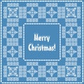 Greeting card. White painted embroidered snowflakes on a colored background. Merry Christmas! Winter holiday.