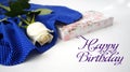 Greeting card, white rose on blue fabric in white peas