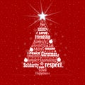 Greeting card with white words forming a Christmas tree with a bright star on the tip on a red background with white stars. Word Royalty Free Stock Photo