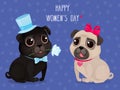 Greeting card for Women`s Day with cute pugs.