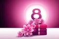 Greeting card for Women's day march 8, number eight from and flowers on a pink background. Royalty Free Stock Photo