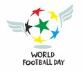 Greeting card World Football Day. Ball with wings