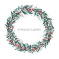 Greeting card with a wreath of branches and berries