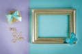 Greeting card for You on a purple - mint background with gift boxes, butterfly and frame.