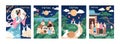 Greeting cards for Chinese Lantern night celebration in Asia. Families with children, moon goddess and bunnies with Royalty Free Stock Photo