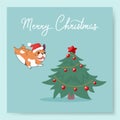 Greeting cards with cute cartoon bulldog wearing santa claus hat. The dog hurries to the Christmas tree, the inscription Merry Chr