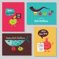 Greeting cards with funny cartoon characters for Rosh Hashanah, Jewish holiday. honey jar, apples and pomegranates