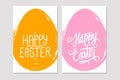 Greeting cards with handwritten holiday wishes of a Happy Easter and brush stroke egg shape background.