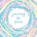 Cartoon vector illustration of space, universe, stars and isolated text Journey To Space.