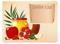 Shana Tova. New year banner with honey, shofar, apple, pomegranate, fish, carrot, palm. Happy New Year in Israeli. Royalty Free Stock Photo