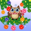 Greeting Christmas card Cute Cartoon Owl with Christmas tree on a blue background Royalty Free Stock Photo