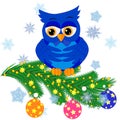 Greeting Christmas card Cute Cartoon Owl with Christmas tree on a blue background Royalty Free Stock Photo