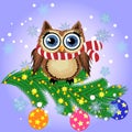 Greeting Christmas card Cute Cartoon Owl with Christmas tree on a blue background Royalty Free Stock Photo