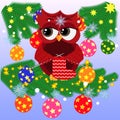 Greeting Christmas card Cute Cartoon Owl with Christmas tree on a blue background Royalty Free Stock Photo