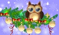 Greeting Christmas card Cute Cartoon Owl with Christmas tree on a blue background Royalty Free Stock Photo