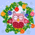 Greeting Christmas card Cute Cartoon Owl with Christmas tree on a blue background Royalty Free Stock Photo