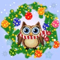 Greeting Christmas card Cute Cartoon Owl with Christmas tree on a blue background Royalty Free Stock Photo