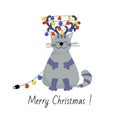 Greeting Christmas card. Happy gray cat with reindeer antlers on his head. Garland of multicolored bulbs. Holiday vector