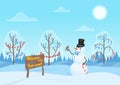 Greeting Christmas card, snowman in the forest. Happy New Year holidays. Alone Snowman in the woods.