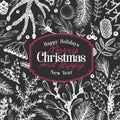 Greeting Christmas card in vintage style. Vector hand drawn illustrations on chalk board. Banner template with coniferous, pine b Royalty Free Stock Photo