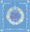 Greeting Christmas pastel blue card with hanging craft wreath with gold angels, paper cutting snowflakes, jingle bell, gift box, b Royalty Free Stock Photo