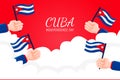 Greeting cuba independence day with hand holding flag in cartoon style