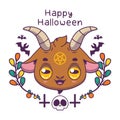 Greeting with cute evil goat and Halloween decorations