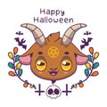 Greeting with cute evil goat and Halloween decorations Royalty Free Stock Photo