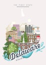 Greeting from Delaware vector flyer with colorful detailed landscapes. The first state