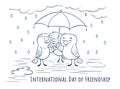 Greeting doodle card Day of friendship - under umbrells with fri